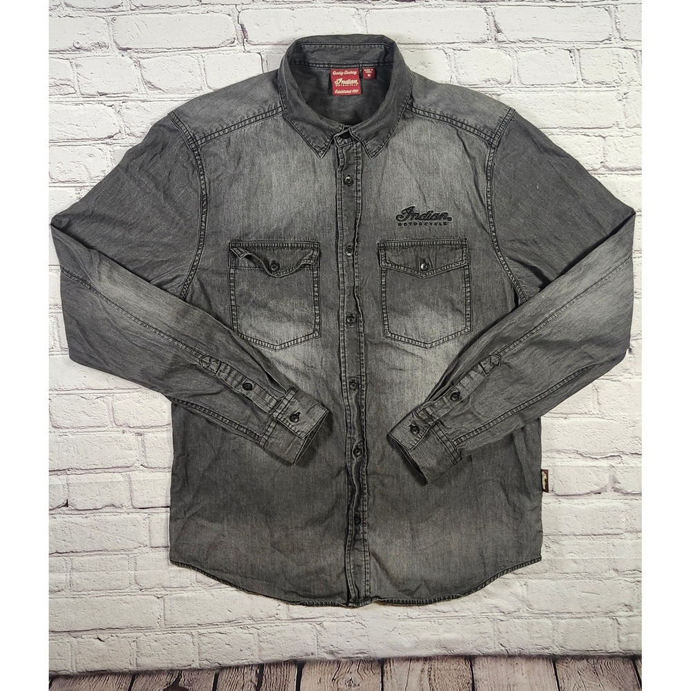 Indian Motorcycle Mens Gray Acid Wash Denim Button Down Shirt Large Graphic M